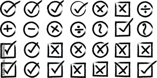 Collection of checkmarks crosses and mathematical symbols in circles and squares