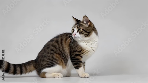 Adorable Brown and White Tabby Domestic Shorthair Cat Sitting in Profile View and Gazing Directly at the Camera Isolated on a Plain White Background