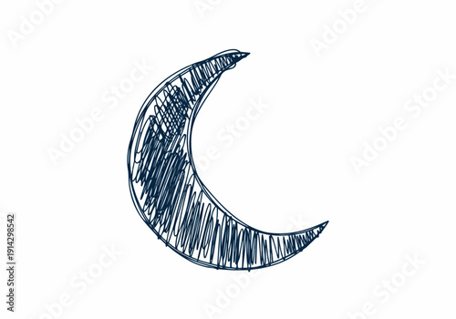 Hand-drawn crescent moon sketch with a blue ink scribble effect, representing the night sky and celestial bodies in a simple, artistic style