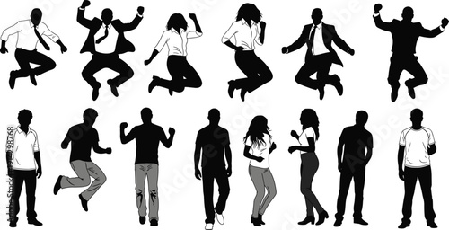 Happy people jumping and dancing silhouettes set, energetic men and women celebration poses, fun lifestyle vector illustration, isolated human activity collection