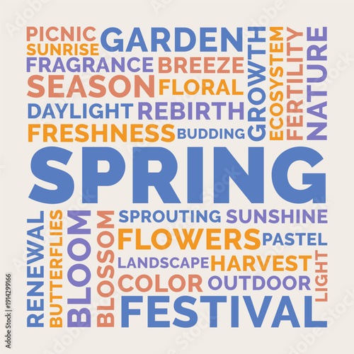 Spring Word Cloud Design for Festival Poster, Event Banner, Classroom Decor, Wall Art. Spring colorful pastel typography
