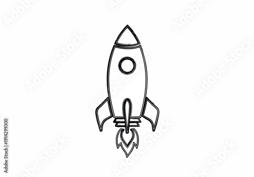A simple line drawing of a rocket ship blasting off into space with flames coming from the bottom, suitable for concepts related to space travel and innovation