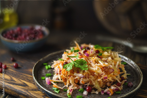 Enjoy vibrant plate of sauerkraut This traditional Eastern European fermented cabbage salad bursts with fresh herbs