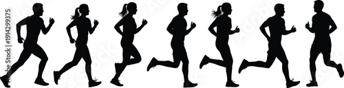 Running people silhouettes, men and women jogging, fitness activity collection, isolated on white background, healthy lifestyle, sport training, motion illustration set