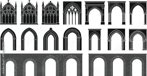 Set of Gothic and Romanesque architectural arches and windows silhouettes, isolated vector collection, medieval church window tracery, arch design illustration