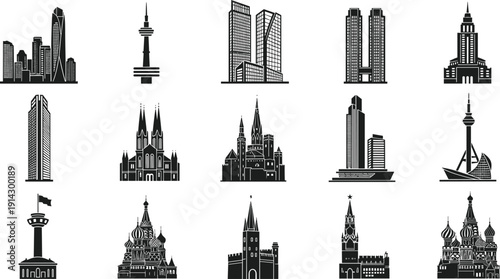 World famous landmarks and city skyline silhouettes set, global architecture collection, iconic buildings vector illustration, travel destinations monuments isolated design elements