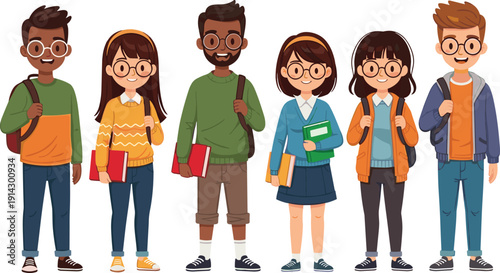 Diverse Group of Students and Young Professionals Holding Books and Backpacks in a Flat Vector Illustration Style, Isolated Characters