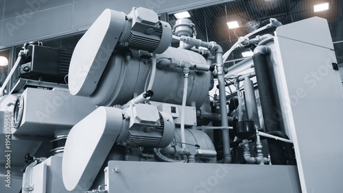 Tableau sur toile Food factory, stainless steel pipes, tanks, sensors, wires, and a pressure gauge