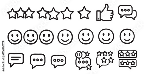 Rating stars, smiles, comments collection. client feedback concept, review marketing symbol, thumbs up gesture. customer satisfaction icon set in simple black line art style