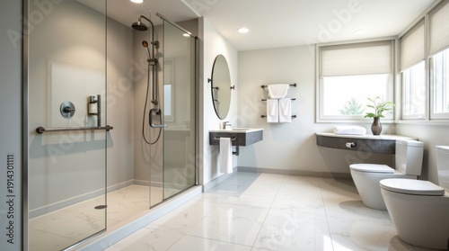 Interior de baño de hotel accesible que cuenta con una espaciosa ducha sin bordillo con una elegante mampara de vidrio