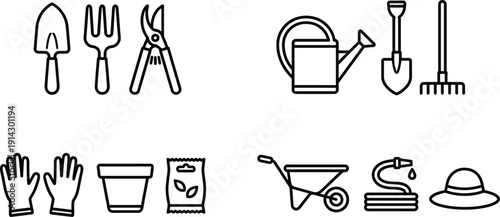 Garden tool icons in minimalist line art vector