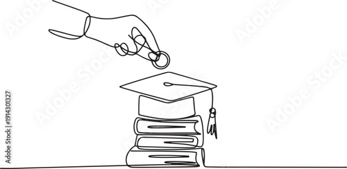 Single one line drawing hand holds coin inserting them into graduation cap and pile of thick books underneath. Serious about education. College Savings Day. one line Icon drawing
