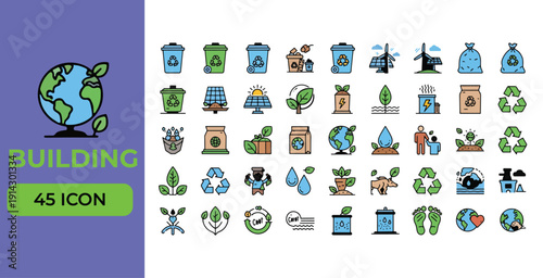 Colored building icons for eco sustainability including solar energy panels wind turbines waste recycling bins organic farming earth protection and green lifestyle elements in flat vector collection
