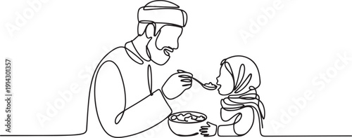 One single line drawing of young Islamic dad feeding nutritious food to daughter at lunch time vector illustration. Happy Arabian muslim family parenting concept. one line Icon drawing