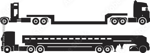 Silhouette illustrations of specialized semi‑trailer trucks including lowboy and flatbed designs, heavy transport vehicles for oversized cargo, construction, and logistics