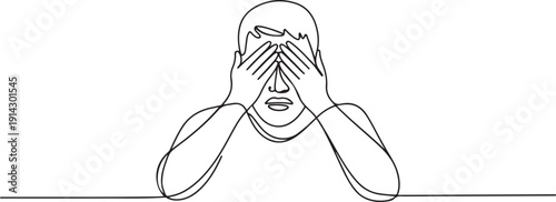 Continuous one line drawing young Arabian man closes his eyes with his hands because of disgust and reluctance to see something, fear or sadness isolated. one line Icon drawing