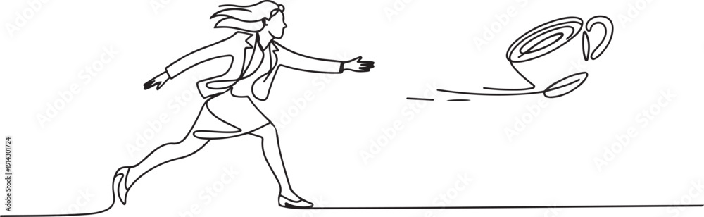 Fototapeta premium Single one line drawing businesswoman run chasing try to catch coffee cup. Concept of thirsty, drink, taking, time, speaking. Business metaphor. one line Icon drawing
