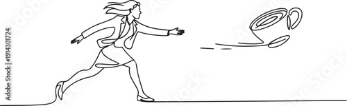 Single one line drawing businesswoman run chasing try to catch coffee cup. Concept of thirsty, drink, taking, time, speaking. Business metaphor. one line Icon drawing