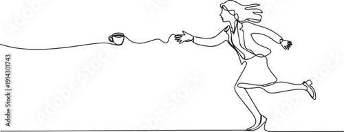 Single one line drawing businesswoman run chasing try to catch coffee cup. Concept of thirsty, drink, taking, time, speaking. Business metaphor. one line Icon drawing