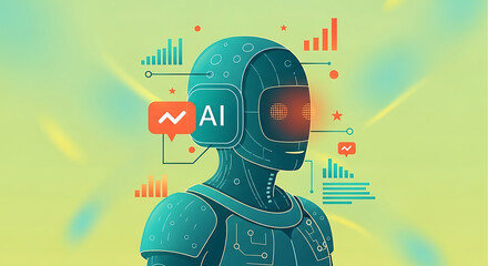 Teal robotic humanoid with ai headset and futuristic interface on yellow background