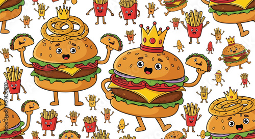 Playful cartoon fast food characters with crowns and accessories on a white background.