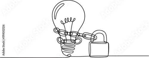 Single one line drawing the outer light bulb is chained around bulb and locked. Limited ideas and innovation. Expensive. World Intellectual Property Day. one line Icon drawing