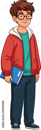 Vector illustration of a teenage student boy with glasses, wearing a red jacket and carrying a blue book, isolated on white background