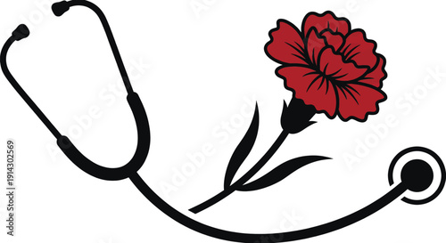 Stethoscope with red carnation flower vector