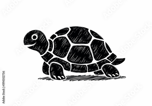 A charming black and white sketch of a happy turtle with a detailed shell, walking on a white background, conveying a sense of joy and simplicity