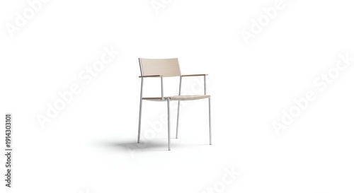 A modern chair with metal legs and wooden seat, viewed from the side, in a minimalist setting