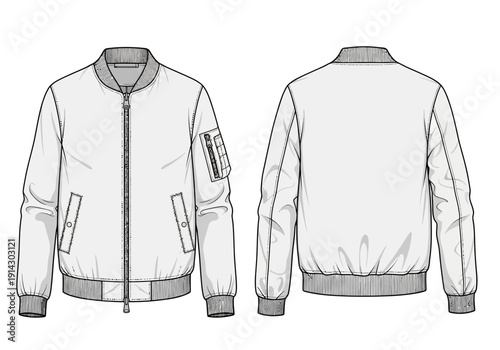 Technical Drawing of Bomber Jacket Front and Back Views for Fashion Design Reference