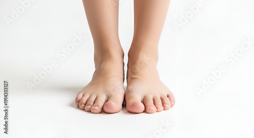 A close-up view of bare feet standing together on a plain surface