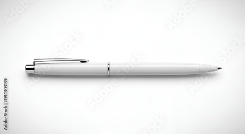 A sleek white pen lies on a pristine white surface, viewed from directly above, showcasing its elegant design.