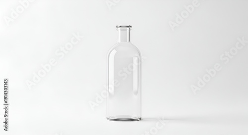 A clear glass bottle stands alone on a white surface, viewed from the front against a plain white background