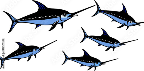 A collection of watercolor-style illustrations of marlin fish. Each fish is depicted in various poses, showcasing different angles and movements. The marlins are predominantly shades of blue, with lig