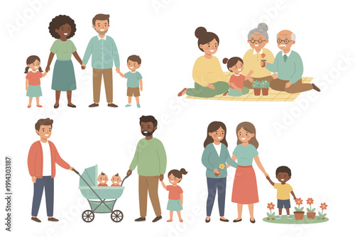 Happy Families Enjoying Time Together in Illustrative Vector Art