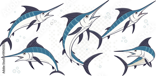 A collection of watercolor-style illustrations of marlin fish. Each fish is depicted in various poses, showcasing different angles and movements. The marlins are predominantly shades of blue, with lig