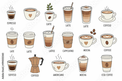 A Cozy Café Illustration of Various Coffee Types