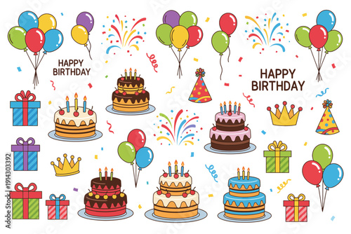 Birthday Celebration, Cakes and Balloons, Festive Party, Digital Illustration, Colorful Environment, Cheerful Viewpoint, Joyful Concept