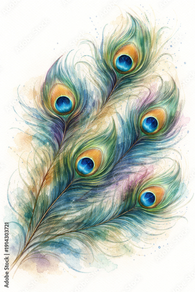 Obraz premium A graceful watercolor illustration of vibrant peacock feathers, blending emerald, teal, and sapphire hues with golden accents. Soft flowing strokes and delicate splashes create an elegant composition