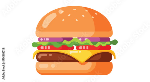 A colorful cartoon hamburger with melted cheese and various toppings on a white background.