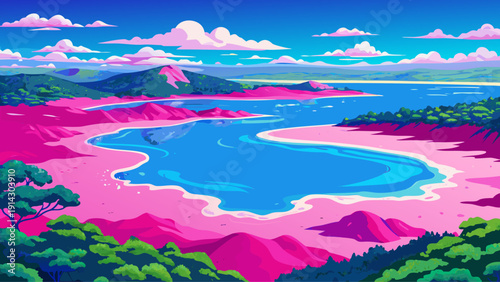 Very beautiful bright pink waters of Lake Hillier contrast dramatically with surrounding greenery and deep blue ocean, forming one of Australia's most unusual coastal landscapes.