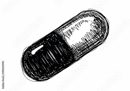 Hand-Drawn Illustration of a Medical Capsule with a Dichotomous Color Scheme