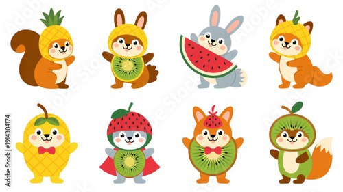 Cartoon animals in fruit costumes isolated on transparent background.