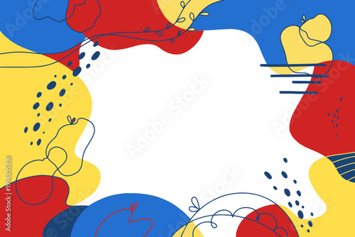 Frame background. Modern wavy border with copy space center. Minimalist vector banner illustration abstract fluid shapes line art in primary bright red blue yellow color
