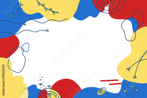 Frame background. Modern wavy border with empty space center. Minimalist vector banner illustration abstract fluid shapes line art in primary bright red blue yellow color