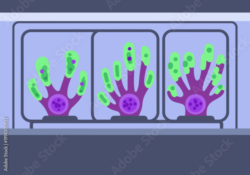 Colorful stem cell illustration showcases cellular differentiation within a lab setting. Vibrant green and purple cells highlight the process. Clean, modern design.