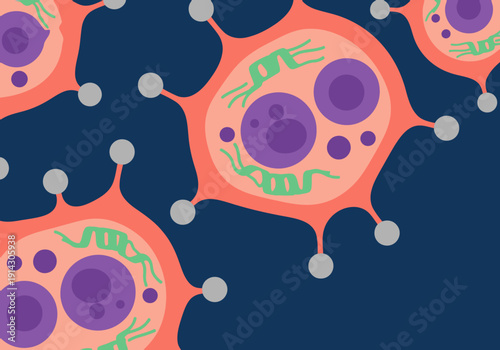 Colorful illustration depicting stem cells and their network. Focuses on cell therapy, showcasing a modern, scientific aesthetic. Ideal for health and medical visuals.