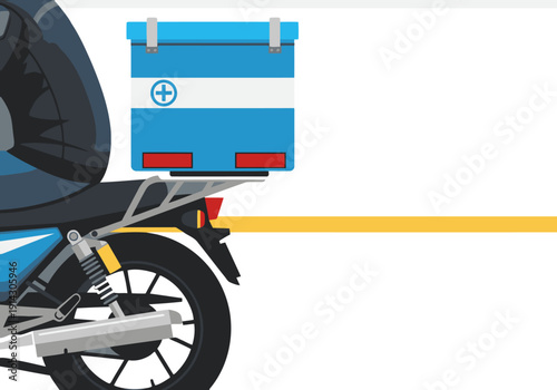 A courier motor bike carries an emergency red medical box. Clean, modern illustration. Ideal for healthcare, delivery, and safety themes.