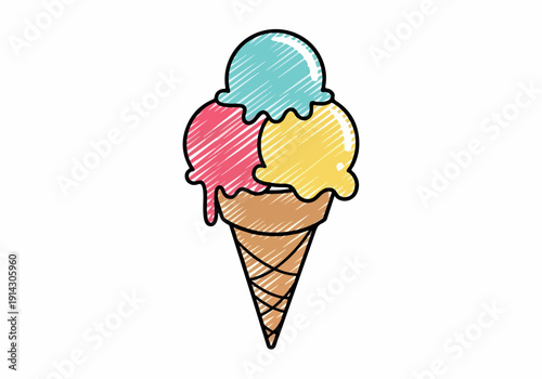 Colorful scoops of refreshing ice cream in a waffle cone, a delightful summer treat perfect for cooling down on a hot day